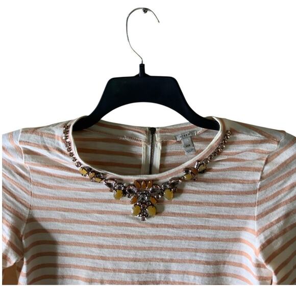 J Crew Striped Top Womens XXS 3/4 Sleeve Crewneck Rhinestone Back Zip Pullover - Picture 5 of 7